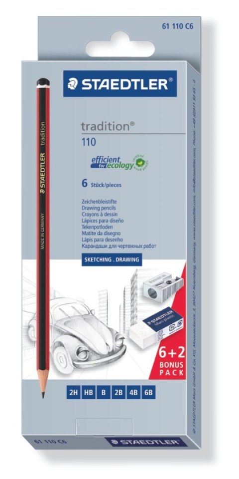 Zestaw ołówków tradition 6 sz (2H HB B 2B 4B 6B) gumka temperówka Staedtler Zestaw ołówków tradition 6 sz (2H HB B 2B 4B 6B) gumka temperówka Staedtler
