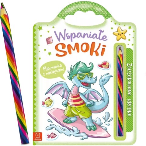 KOLOROWANKA Z NAKLEJKAMI SMOKI ORAZ TĘCZOWA KREDKA KOLOROWANKA Z NAKLEJKAMI SMOKI ORAZ TĘCZOWA KREDKA