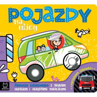 Pojazdy na ulicy. Pierwsza kolorowanka z grubym obrysem i okrągłymi naklejkami. Papierowa zabawka