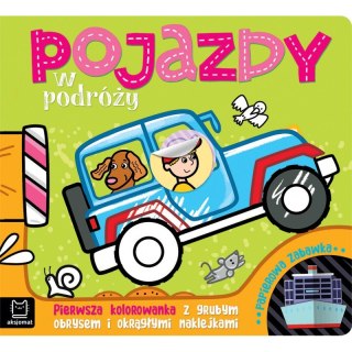 Pojazdy w podróży. Pierwsza kolorowanka z grubym obrysem i okrągłymi naklejkami. Papierowa zabawka