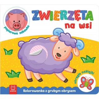 Zwierzęta na wsi. Kolorowanka z grubym obrysem, okrągłe naklejki, papierowa zabawka