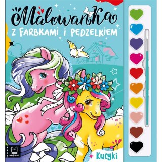 Malowanka z farbkami i pędzelkiem. Kucyki