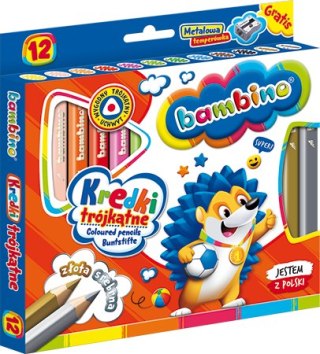 Kredki BAMBINO w oprawie drewnianej 12 kolorów + temperówka UCZNIAKI