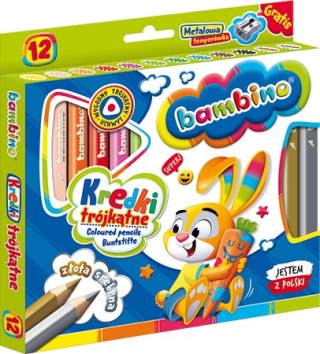 Kredki BAMBINO w oprawie drewnianej 12 kolorów + temperówka UCZNIAKI