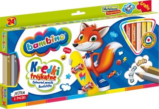 Kredki BAMBINO trójkątne drewniane 24 kolory temperówka ZWIERZAKI UCZNIAKI