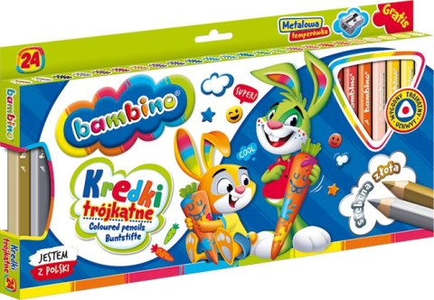 Kredki BAMBINO trójkątne drewniane 24 kolory temperówka ZWIERZAKI UCZNIAKI