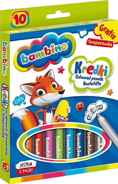 Kredki BAMBINO w oprawie drewnianej 10 kolorów + temperówka do szkoły klasy Kredki BAMBINO w oprawie drewnianej 10 kolorów + temperówka do szkoły klasy