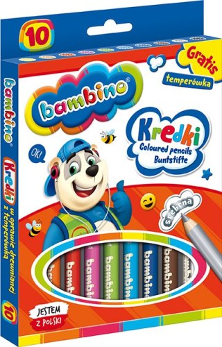 Kredki BAMBINO w oprawie drewnianej 10 kolorów + temperówka do szkoły klasy