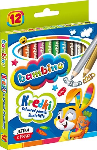 Kredki BAMBINO w oprawie drewnianej 12 kolorów ZWIERZAKI UCZNIAKI do szkoły