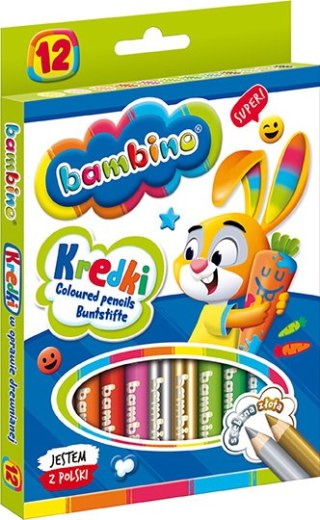 Kredki BAMBINO w oprawie drewnianej 12 kolorów ZWIERZAKI UCZNIAKI do szkoły