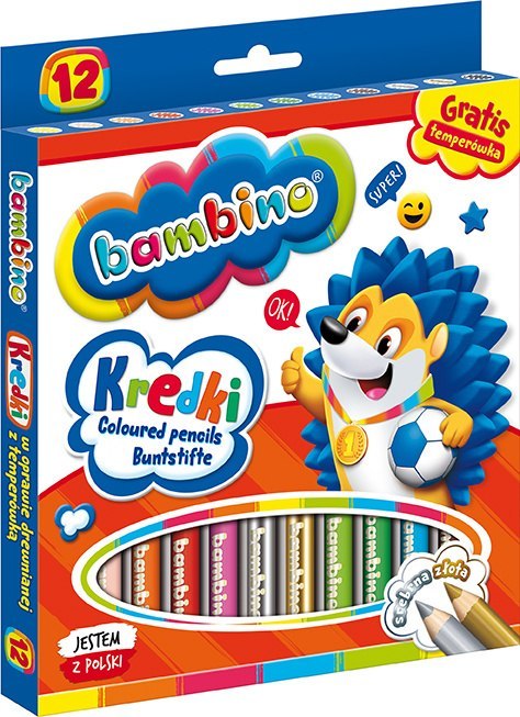 Kredki BAMBINO w oprawie drewnianej 12 kolorów + temperówka do szkoły klasy Kredki BAMBINO w oprawie drewnianej 12 kolorów + temperówka do szkoły klasy