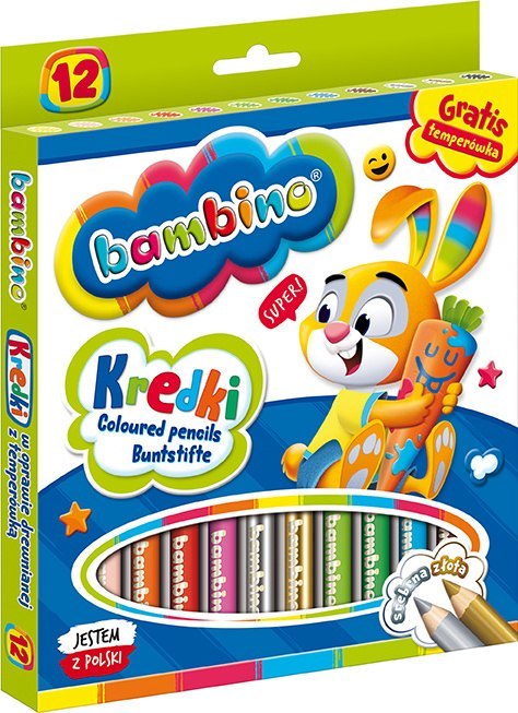 Kredki BAMBINO w oprawie drewnianej 12 kolorów + temperówka do szkoły klasy Kredki BAMBINO w oprawie drewnianej 12 kolorów + temperówka do szkoły klasy