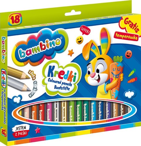 Kredki BAMBINO w oprawie drewnianej 18 kolorów + temperówka do szkoły Kredki BAMBINO w oprawie drewnianej 18 kolorów + temperówka do szkoły