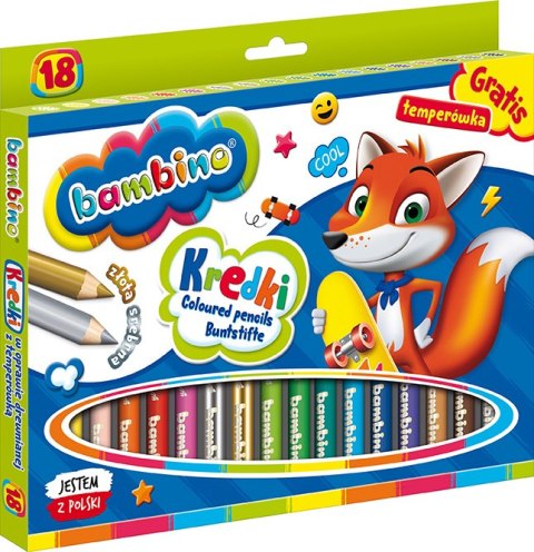 Kredki BAMBINO w oprawie drewnianej 18 kolorów + temperówka do szkoły Kredki BAMBINO w oprawie drewnianej 18 kolorów + temperówka do szkoły