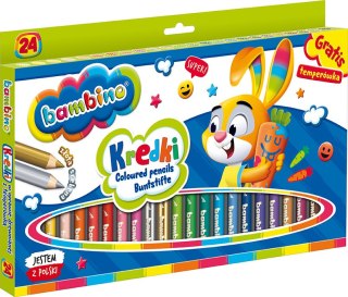 Kredki BAMBINO w oprawie drewnianej 24 kolory temperówka ZWIERZAKI UCZNIAKI