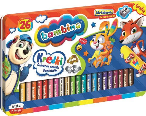 Kredki BAMBINO w oprawie drewnianej 26 kolorów metalowe pudełko temperówka Kredki BAMBINO w oprawie drewnianej 26 kolorów metalowe pudełko temperówka