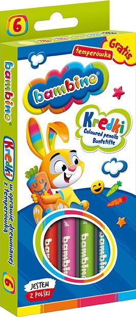 Kredki BAMBINO w oprawie drewnianej 6 kolorów temperówka ZWIERZAKI UCZNIAKI Kredki BAMBINO w oprawie drewnianej 6 kolorów temperówka ZWIERZAKI UCZNIAKI