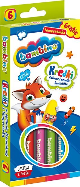 Kredki BAMBINO w oprawie drewnianej 6 kolorów temperówka ZWIERZAKI UCZNIAKI Kredki BAMBINO w oprawie drewnianej 6 kolorów temperówka ZWIERZAKI UCZNIAKI