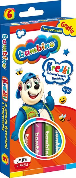 Kredki BAMBINO w oprawie drewnianej 6 kolorów temperówka ZWIERZAKI UCZNIAKI Kredki BAMBINO w oprawie drewnianej 6 kolorów temperówka ZWIERZAKI UCZNIAKI