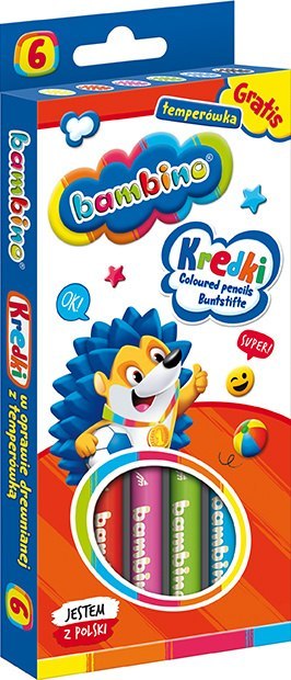 Kredki BAMBINO w oprawie drewnianej 6 kolorów temperówka ZWIERZAKI UCZNIAKI Kredki BAMBINO w oprawie drewnianej 6 kolorów temperówka ZWIERZAKI UCZNIAKI