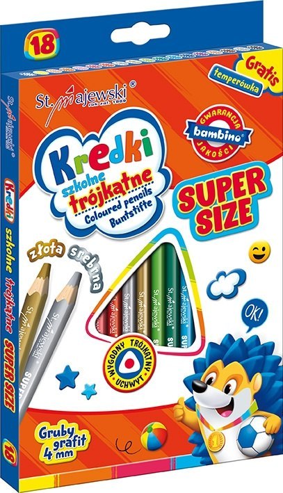 Kredki szkolne trójkątne SUPER SIZE 18 kolorów + temperówka ZWIERZAKI Kredki szkolne trójkątne SUPER SIZE 18 kolorów + temperówka ZWIERZAKI
