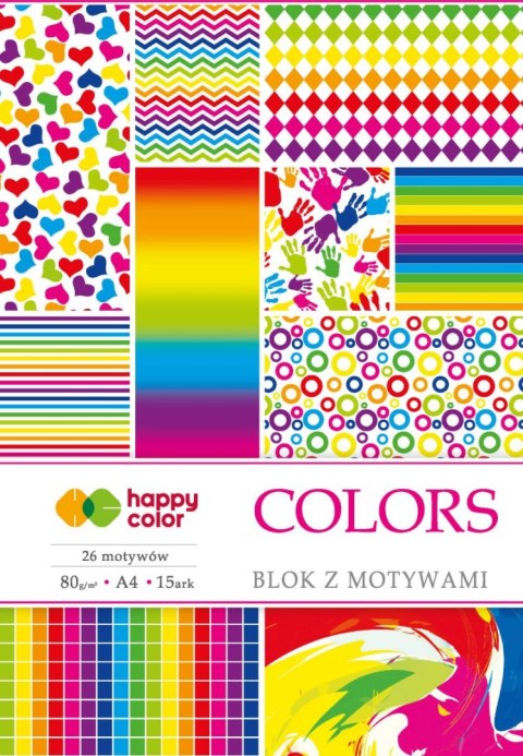 Blok z motywami COLORS, 80g/m2, A4, 15 ark, 27 motyw, Happy Color Blok z motywami COLORS, 80g/m2, A4, 15 ark, 27 motyw, Happy Color