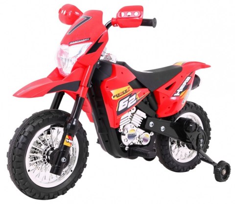 Motorek Cross dla dzieci Pojazd na akumulator Czerwony + Pomocnicze kółka + Dźwięki LED Motorek Cross dla dzieci Pojazd na akumulator Czerwony + Pomocnicze kółka + Dźwięki LED
