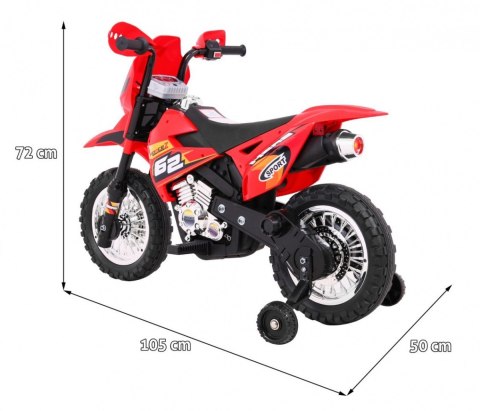 Motorek Cross dla dzieci Pojazd na akumulator Czerwony + Pomocnicze kółka + Dźwięki LED Motorek Cross dla dzieci Pojazd na akumulator Czerwony + Pomocnicze kółka + Dźwięki LED