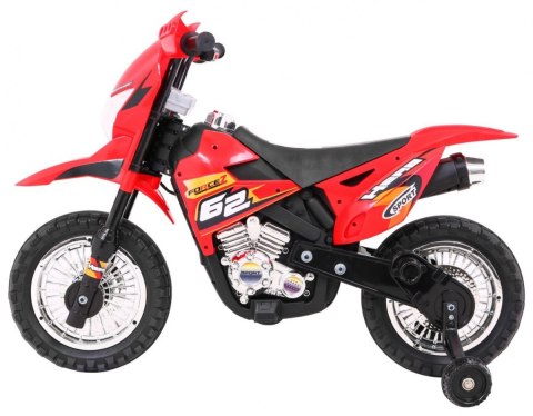 Motorek Cross dla dzieci Pojazd na akumulator Czerwony + Pomocnicze kółka + Dźwięki LED Motorek Cross dla dzieci Pojazd na akumulator Czerwony + Pomocnicze kółka + Dźwięki LED