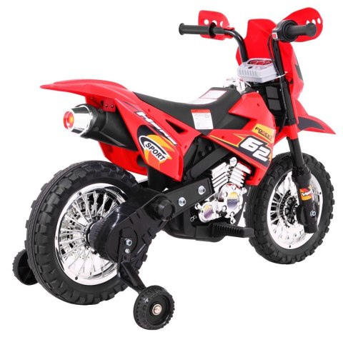 Motorek Cross dla dzieci Pojazd na akumulator Czerwony + Pomocnicze kółka + Dźwięki LED Motorek Cross dla dzieci Pojazd na akumulator Czerwony + Pomocnicze kółka + Dźwięki LED