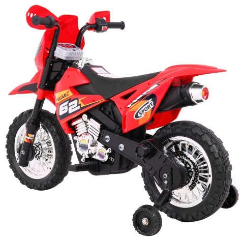 Motorek Cross dla dzieci Pojazd na akumulator Czerwony + Pomocnicze kółka + Dźwięki LED Motorek Cross dla dzieci Pojazd na akumulator Czerwony + Pomocnicze kółka + Dźwięki LED