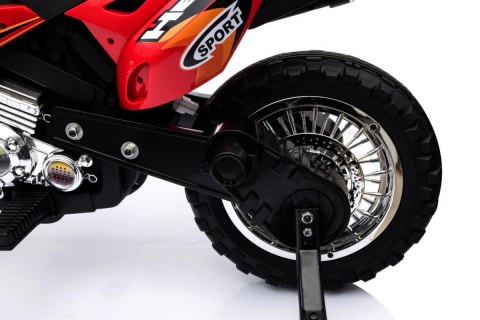 Motorek Cross dla dzieci Pojazd na akumulator Czerwony + Pomocnicze kółka + Dźwięki LED Motorek Cross dla dzieci Pojazd na akumulator Czerwony + Pomocnicze kółka + Dźwięki LED