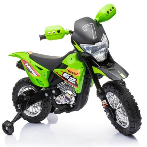 Motorek Cross dla dzieci Pojazd na akumulator Zielony + Pomocnicze kółka + Dźwięki LED Motorek Cross dla dzieci Pojazd na akumulator Zielony + Pomocnicze kółka + Dźwięki LED