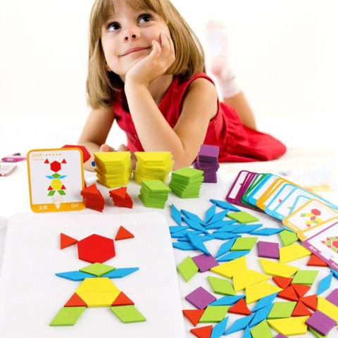 TANGRAM DREWNIANE PUZZLE GEOMETRYCZNE FIGURY KARTY GRA LOGICZNA MONTESSORI