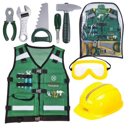 ZESTAW MAŁEGO MAJSTERKOWICZA KAMIZELKA KASK OKULARY OCHRONNE NARZĘDZIA ZESTAW MAŁEGO MAJSTERKOWICZA KAMIZELKA KASK OKULARY OCHRONNE NARZĘDZIA