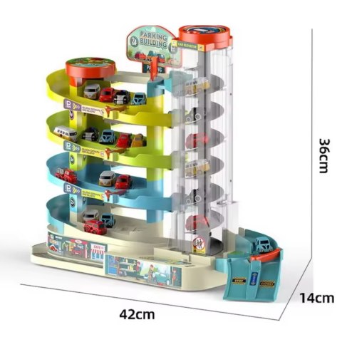 Medium five story car building: material abs, equipped with 6 cars, with lighting and electric function. The parking building ca