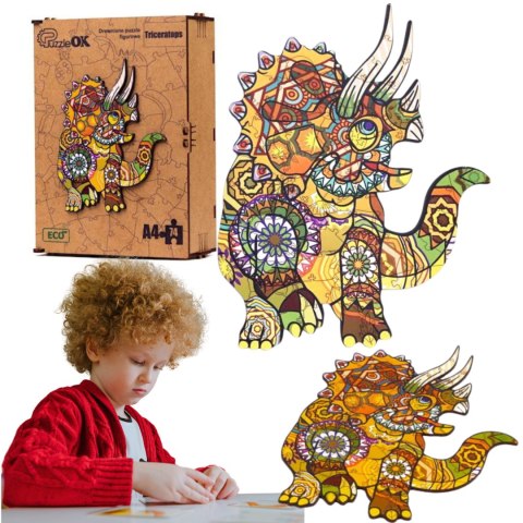 PUZZLE DREWNIANE UKŁADANKA TRICERATOPS DINOZAUR KOLOROWY ZESTAW PUZZLI A4 PUZZLE DREWNIANE UKŁADANKA TRICERATOPS DINOZAUR KOLOROWY ZESTAW PUZZLI A4