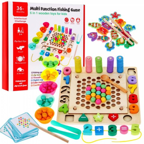 Drewniany zestaw gier edukacyjnych 6w1 dla dzieci 3+ Sorter łowienie rybek Drewniany zestaw gier edukacyjnych 6w1 dla dzieci 3+ Sorter łowienie rybek
