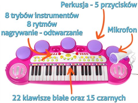 Różowy zestaw muzyczny Keyboard + Werble Mikrofon Światła Dźwięki 3 oktawy Różowy zestaw muzyczny Keyboard + Werble Mikrofon Światła Dźwięki 3 oktawy