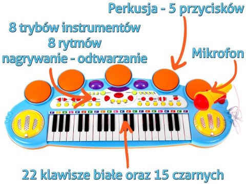 Niebieski zestaw muzyczny Keyboard Werble Mikrofon Światła Dźwięki 3 oktawy Niebieski zestaw muzyczny Keyboard Werble Mikrofon Światła Dźwięki 3 oktawy